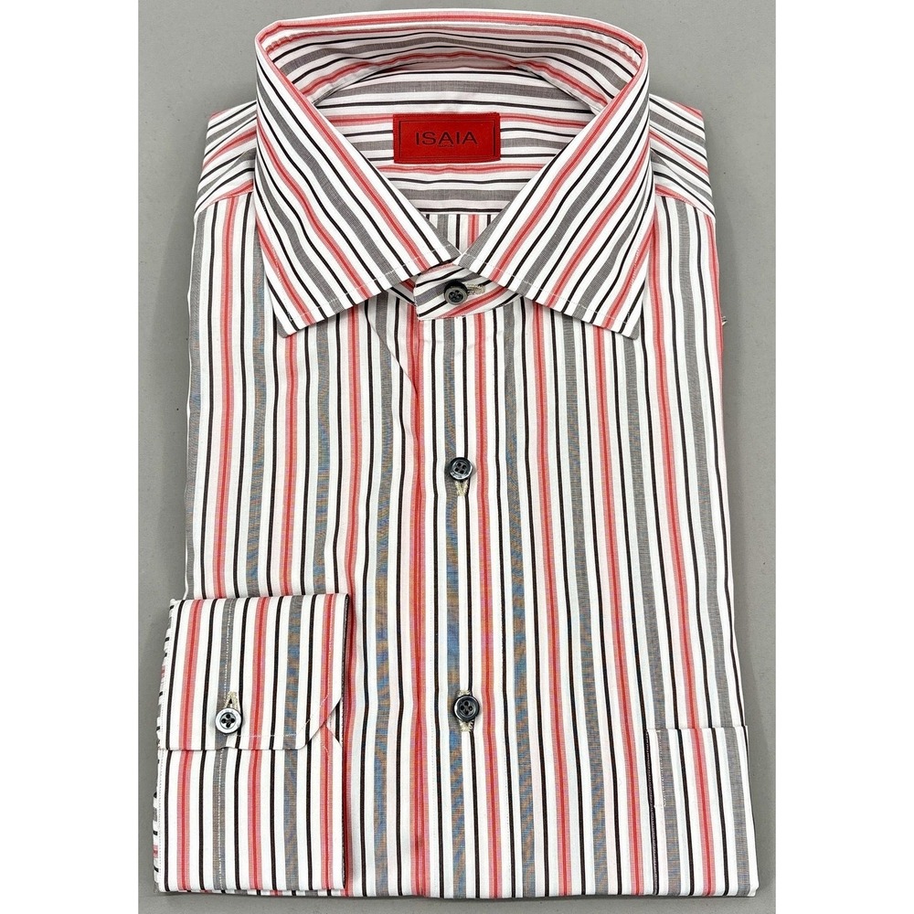 Isaia Shirt Mens 15.75 40 White Red Gray Stripe Regular European Cut Dress Italy